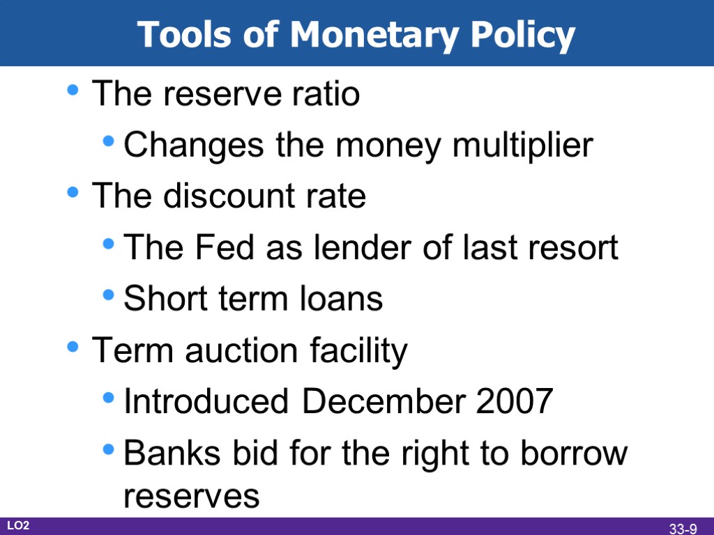 Tools of Monetary Policy The reserve ratio Changes the money multiplier The discount rate